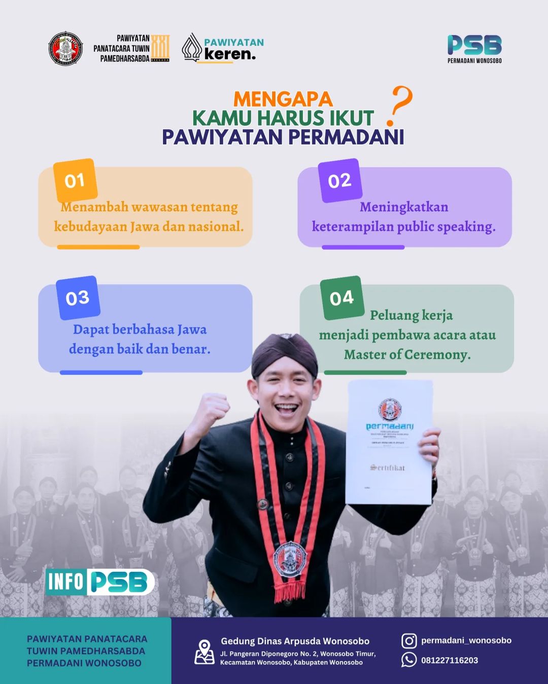 Permadani Wonosobo membuka penerimaan siswa baru (PSB) Pawiyatan Panatacara Tuwin Pamedharsabda Bregada XII- Pendaftaran dibuka mulai tanggal 25 Maret sampai dengan 30 April 2024-Yuk buruan daftarkan diri (3)